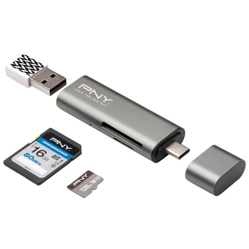 Lecteur carte mémoire Pny - Lecteur de carte - 3 en 1 (SD, microSD, SDHC,  microSDHC, SDXC, microSDXC) - USB-C