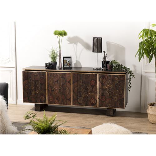 Buffet bois Manguier 177x45cm 4 portes 2 étagères Katmandou