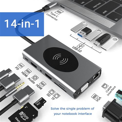 Qumox Hub USB Type-C avec chargeur sans fil, adaptateur 14 en 1 USB C avec Ethernet, 2 HDMI, VGA, 5 USB3.0 ,PD, lecteur de carte SD TF et SD carte , Audio/Mic