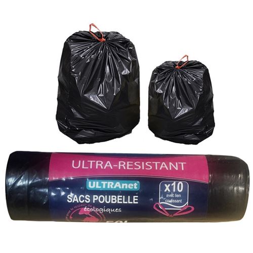 Pack 10 sacs poubelle 50l avec lien coulissant anti fuite ecologique menage