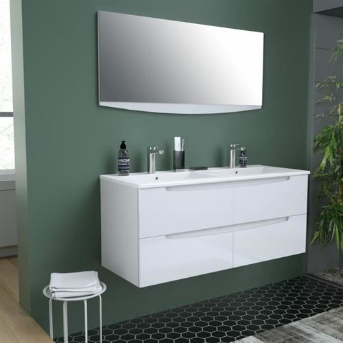 SMILE Salle de bain double vasque + miroir L 120 cm - 4 tiroirs a fermeture ralenties - Blanc