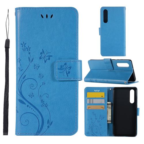 Etui en PU fleur papillon avec support bleu pour votre Huawei P30