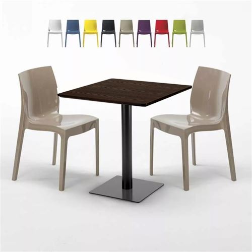 Table carrée 60x60 pied noir et plateau bois avec 2 chaises colorées Ice Kiss, Couleur: Beige