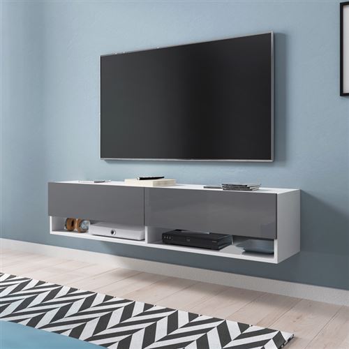 Meuble TV / Meuble de salon - WANDER - 140 cm - sans LED - blanc mat / gris brillant - 2 niches ouvertes - forme minimaliste