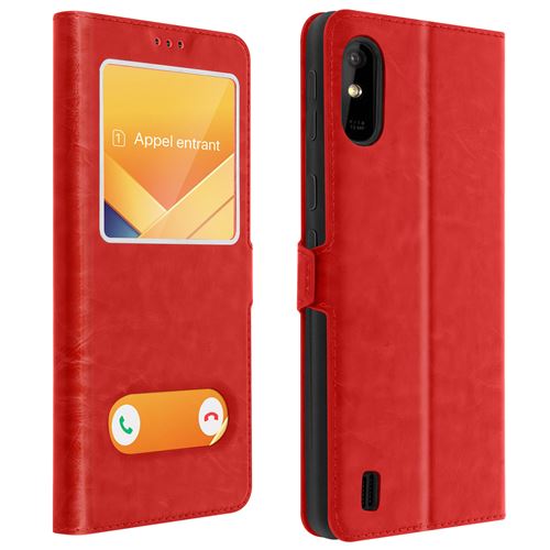 Avizar Housse pour Wiko Y81 Protection intégrale Double Fenêtre Support Vidéo Rouge