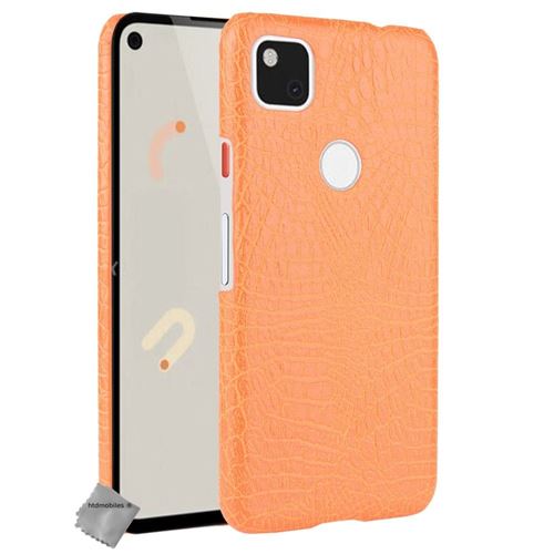 Coque rigide simili cuir crocodile pour Google Pixel 4a 4G avec verre trempe - ORANGE - htdmobiles