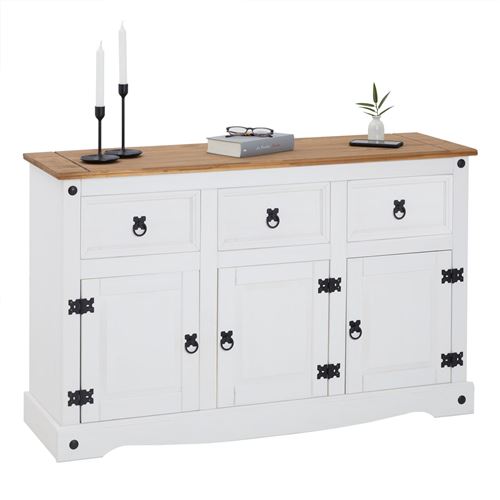 Buffet salle &agrave; manger CAMPO en bois massif L 125 cm avec 3 portes battantes et 3 tiroirs spacieux, blanc et brun 