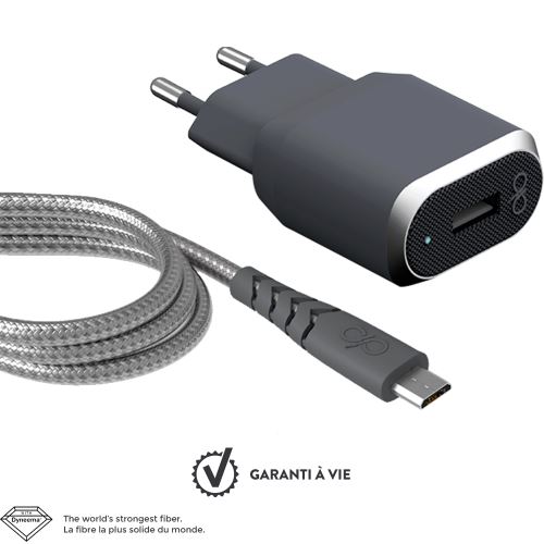 Chargeur secteur Fast & Smart + câble MicUSB renforcé 1.2m Gris
