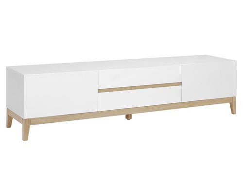 Meuble TV SEDNA - 2 portes & 2 tiroirs - Chêne massif & MDF laqué blanc
