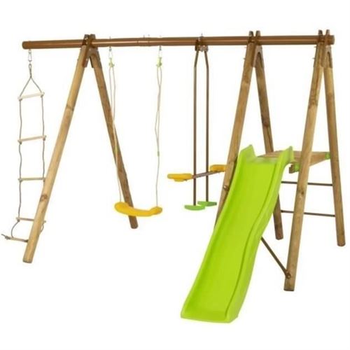 TRIGANO Portique OREKA en bois et metal - H. 1,90 m - 3 agres, balancoires + toboggan