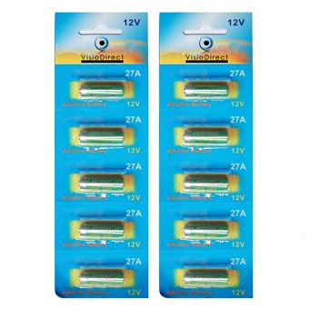 Lot de 10 Piles Alcaline 12V type 27A, compatibles A27/A27BP/A27S/AG27/B-1/CA22/EL-812/EL812/G27A - Visiodirect - - 1