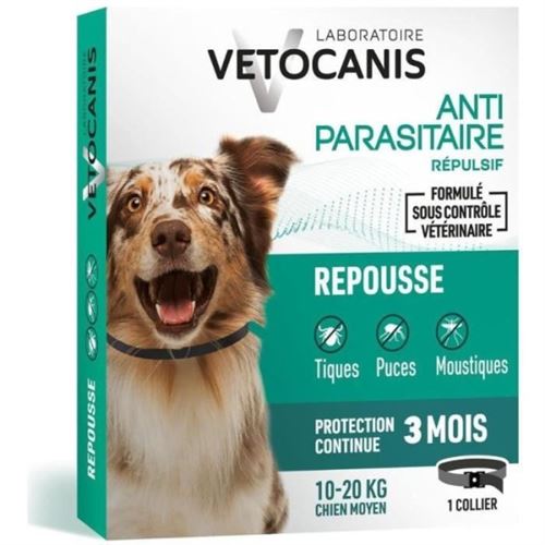 Comparer les prix de Collier répulsif puces tiques et moustiques VETOCANIS Chien de 10 a 20 kg E traits Natu