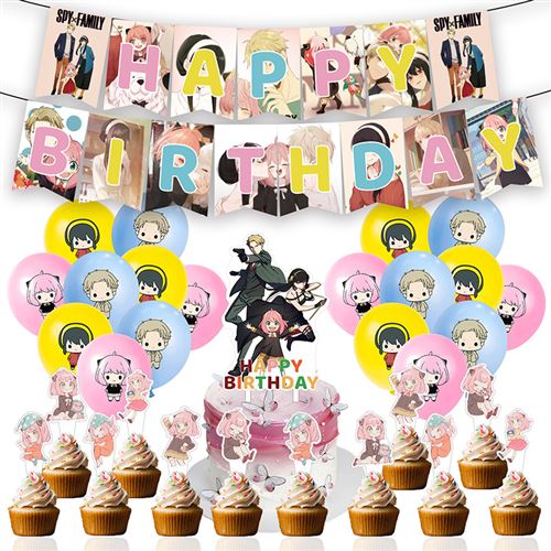 Decoration Anniversaire Fête Ballon Kit SPY X Family FONGWAN Article de fête avec Bannière, Cupcake Toppers - Rose A