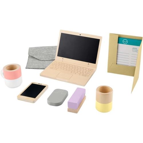 Non Communiqué Naturel (Bois) Fisher-Price Set De Télétravail En Bois, 9 Éléments Avec Ordinateur Portable Et Téléphone En Bois Hxv11