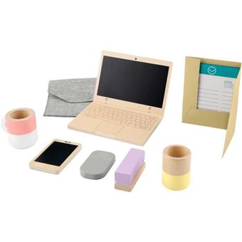 FISHER-PRICE Set de télétravail en Bois, 9 éléments avec ordinateur portable et téléphone en bois HXV11 - 1