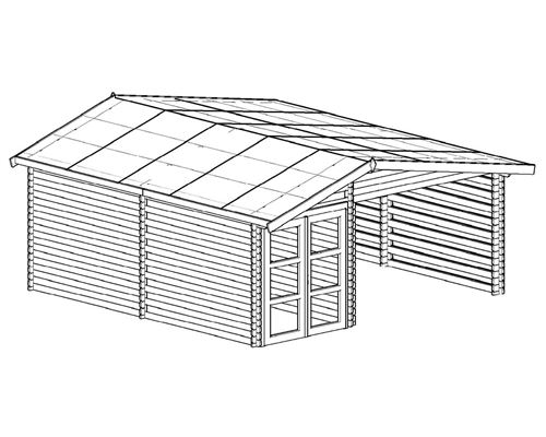 Abri 29,12 m² Madriers bois massif 28 mm, toiture double pente bitumée