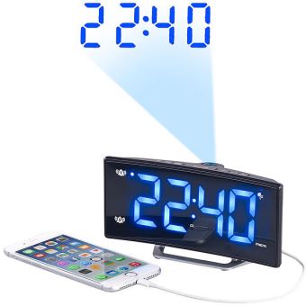 Radio-réveil à projection avec affichage bleu et port de chargement USB,  Montre, Top Prix