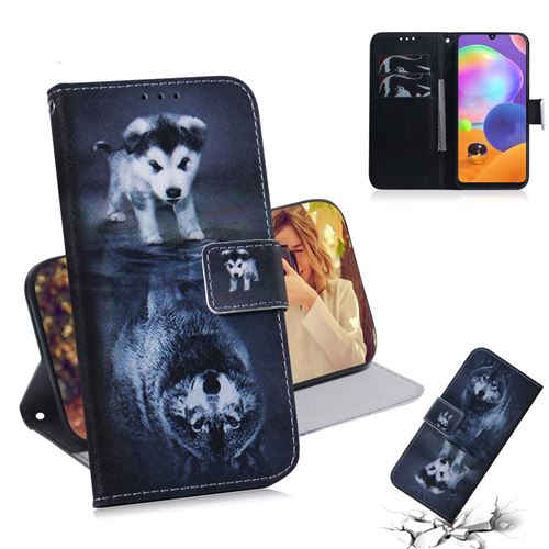 Etui en PU couverture d'impression de modèle avec support chien loup pour votre Samsung Galaxy A31