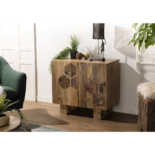 Buffet bois Manguier 81x45cm 2 portes 2 étagères Mangalore