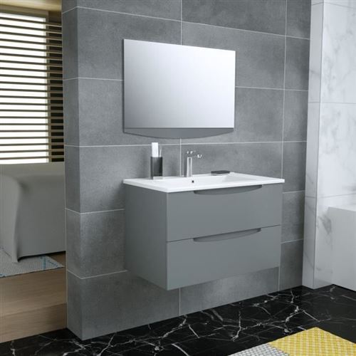 SMILE Salle de bain simple vasque + miroir L 80 cm - 2 tiroirs a fermeture ralenties - Anthracite