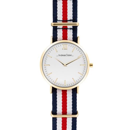 Montre Homme Andreas Osten Cadran 40mm En Steel Blanc Et Bracelet Bleu Blanc et Rouge En Nylon AO-63