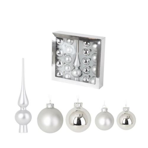 lot de décoration noël 19 pieces - 8 boules 6 cm + 10 boules 5 cm + 1 cimier 27x6 cm verre et argent