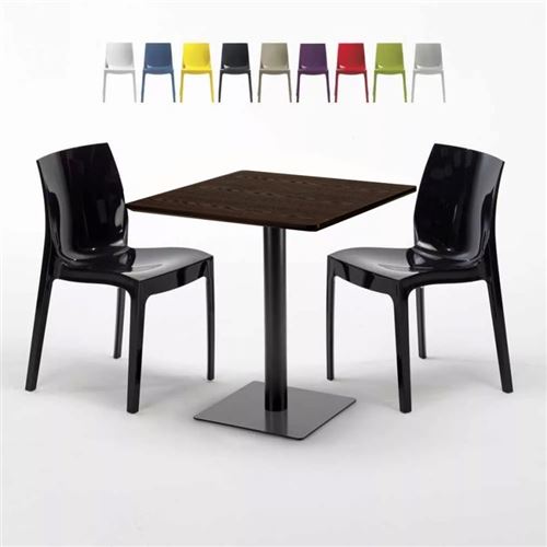 Table carrée 60x60 pied noir et plateau bois avec 2 chaises colorées Ice Kiss, Couleur: Noir