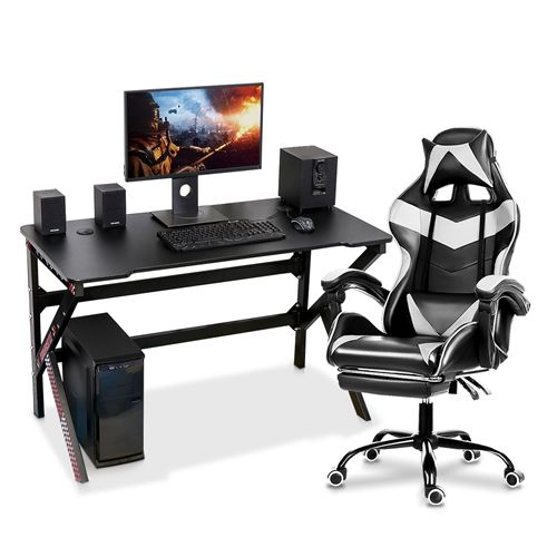 bureau de jeu Gaming Insma avec éclairage LED et télécommande avec chaise de jeu réglable 150 degrés Blanc