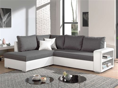 Athena - Canapé d'angle convertible - avec coffre et étagère - en simili et tissu - Gauche Couleur - Blanc / Gris