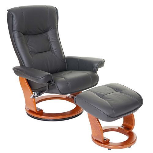MCA fauteuil relax Hamilton, fauteuil de t&eacute;l&eacute;vision, tabouret, cuir, charge 130kg ~ noir, dor&eacute;