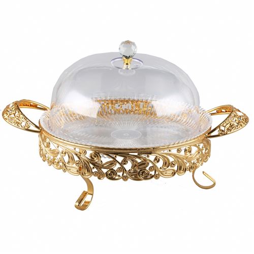 Plateau / Présentoir à p tisseries en acier doré style oriental avec cloche
