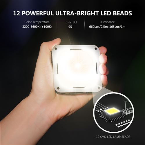 Neewer Mini Lampe LED sur Caméra 12 SMD LED Lumière de Vidéo Blanc CRI 95 avec Batterie Intégrée/USB Charge/Adaptateur Sabot Compatible avec Appareil Photo DSLR Canon Nikon Sony etc. 