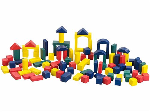 Playtastic : Seau de 100 blocs de construction en bois en 4 couleurs et 6 formes