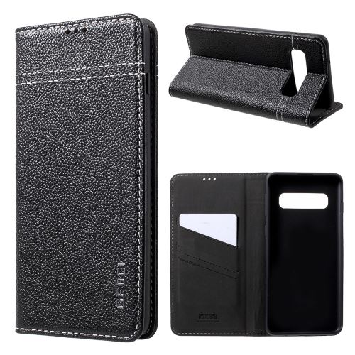 Etui en cuir véritable litchi avec porte-cartes noir pour votre Samsung Galaxy S10