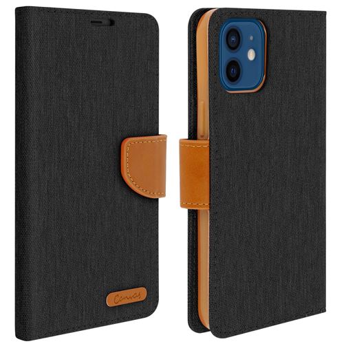 Avizar Etui pour iPhone 12 / 12 Pro Portefeuille Tissu Série Canvas Noir