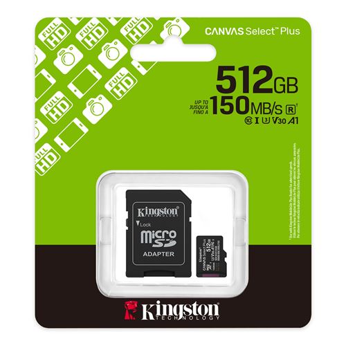 Micro SD Kingston Canvas Select Plus Micro SDXC 512Go carte memoire U3, V30, A1, 150MB/s
