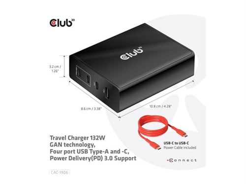 Club 3D CAC-1906 - Adaptateur secteur - CA 100-240 V - 132 Watt - connecteurs de sortie : 4