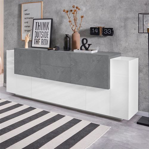 Buffet Salon Design 220cm 5 Portes 2 Tiroirs Blanc Ardoise New Coro Wide