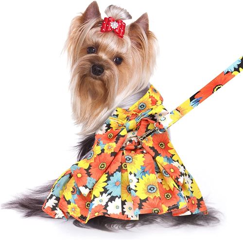 Comparer les prix de Chien Harnais Robe à Fleurs avec Laisse Ensemble FONGWAN Tenues d'été Animaux de Compagnie pour Chiot, XXL - Orange