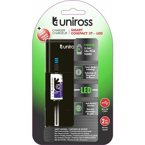 UNIROSS Chargeur Compact 3T LED, Pour 1 à 2 Piles Lithium 18650 Ni-MH 1.2V AA AAA