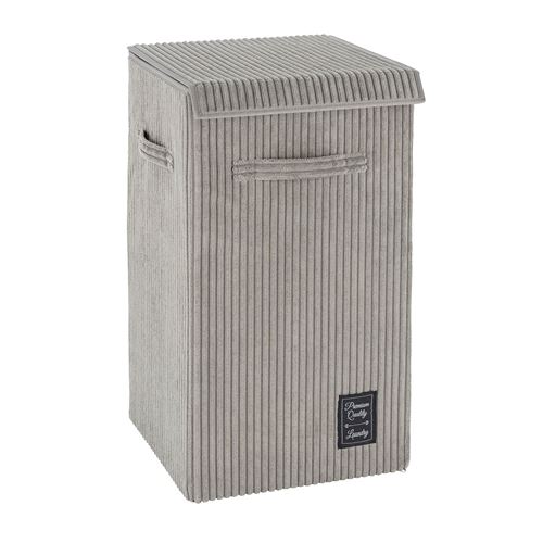 Panier à linge vintage desing velours Cora - L. 33 x H. 58 cm - Gris