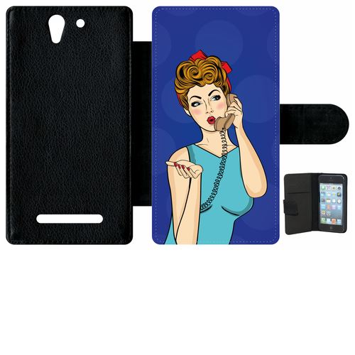 Étui Porte Feuille Sony Xperia C3 Et C3 Dual Pin Up Fond Bleu Electrique