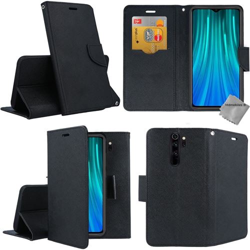 Housse portefeuille avec coque intérieure en silicone pour Xiaomi Redmi Note 8 Pro - verre trempe inclus - NOIR / NOIR