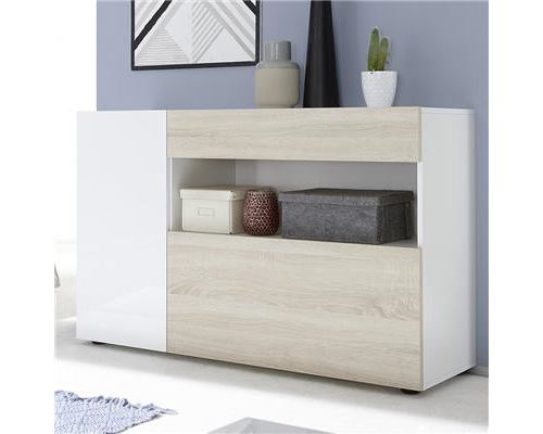 Buffet 130 cm blanc laqué et couleur chêne clair PICERNO - L 130 x P 41 x P 82 cm