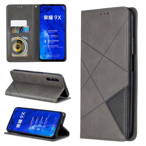 Etui en PU motif géométrique avec porte-carte gris pour votre Huawei Honor 9X/9X Pro
