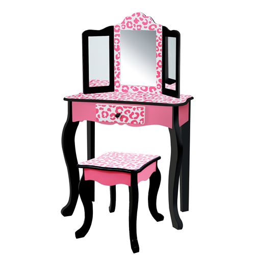 Teamson meuble coiffeuse table de maquillage enfant miroir tabouret rose noir