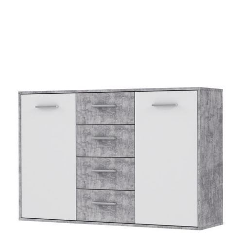 PILVI Buffet bas 2 portes 4 tiroirs - Blanc et beton gris clair - L 122,6 x P 34,2 H 88,1 cm
