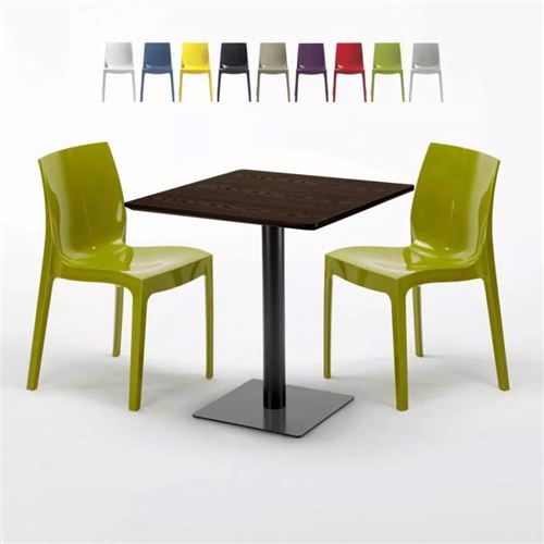 Table carrée 60x60 pied noir et plateau bois avec 2 chaises colorées Ice Kiss, Couleur: Vert
