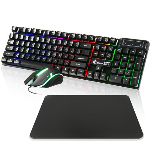 Clavier Insma de jeu filaire USB 104 touches RGB rétroéclairé 1600 DPI avec tapis de souris