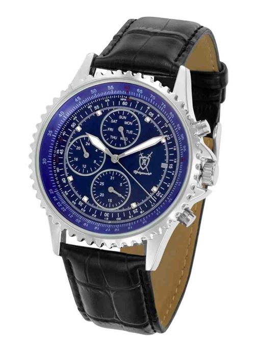 Montre Bracelet en Cuir pour Hommes Étui en Argent Cadran Bleu Accentuée de Diamant Multi-fonctions Jour Date Konigswerk SQ201426G